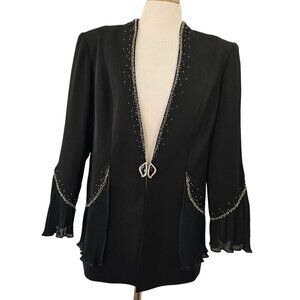 90s Carissmo Black Beaded Evening Jacket Women 10 Embellished Clasp Close V Neck